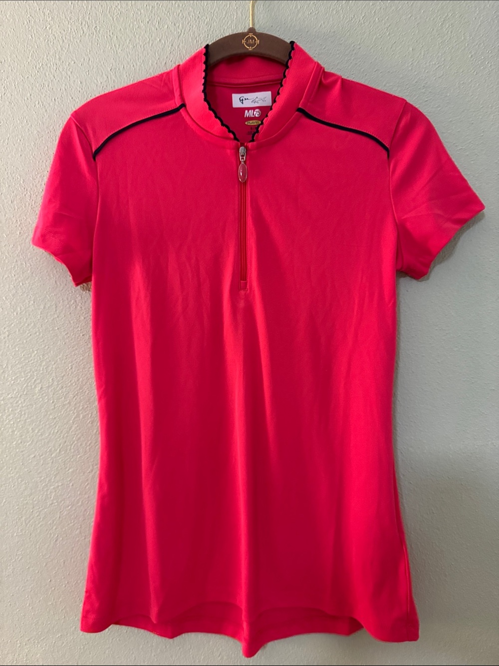 Greg Norman Collection Hot Pink Short Sleeve Zip Mock Neck Top with Black Trim